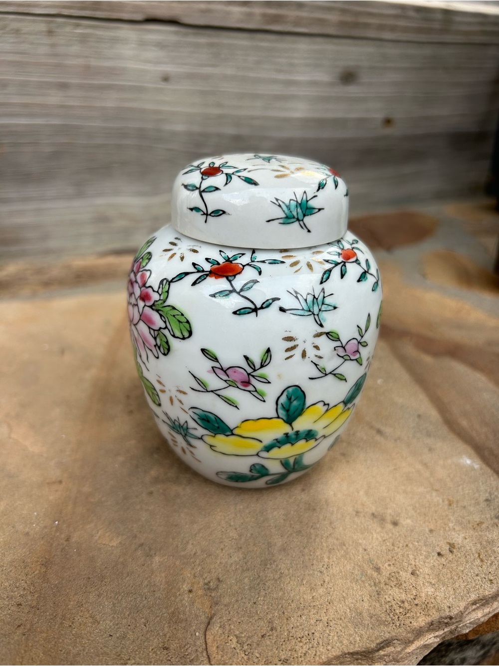 Small Porcelain Floral Ginger Jar - White with Yellow & Green Floral Accents